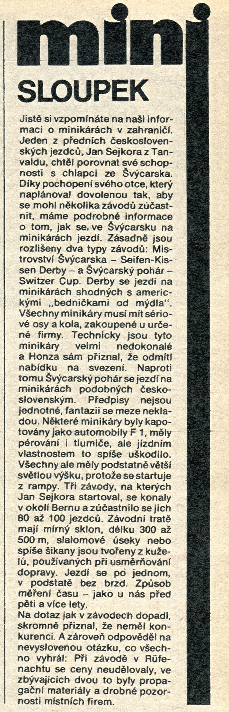 minikáry v zahraničí - Jan Sejkora ve Švýcarsku